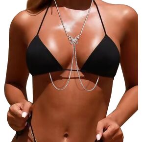 Rhinestone Butterfly Bra Body Chain Non Piercing Nipple Chain Necklace Crystal Chest Chain Sexy Lingerie Nipple Jewelry Rave Body Jewelry for Women (Silver)