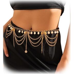 Summer Beach Body Chain Jewelry,Metal Round Tassel Waist Chain Belt Waistband Tassel Hip Coin Belly Body Chain Festival Rave Dress Waist Belt Jewelry for Women