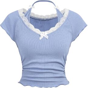 WDIRARA Girls Lace Trim Bow Front Crop Tops Halter Round Neck Short Sleeve Ruched Tee Shirts