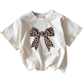 Girl's Bow Leopard Print T-Shirt Crewneck Short Sleeve Graphic Tees Y2k Summer Tee Tops