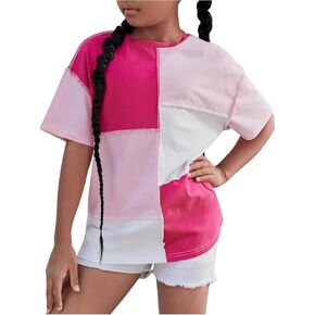 SweatyRocks Girl's Color Block Short Sleeve T Shirts Crewneck Drop Shoulder Tee Tops