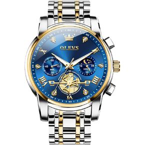 OLEVS Men Watches Stainless Steel Chronograph Watch, Large Wrist Analog Quartz Watch, Fashion Waterproof Diamond Roman Numerals Dress Watches for Men, Gold/Black/White/Blue/Grey Dial