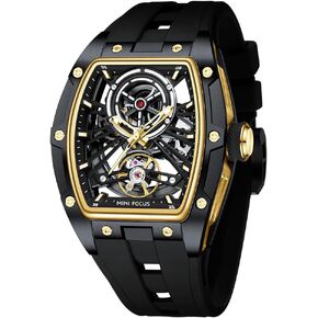 MF MINI FOCUS Unique Men Watches,Automatic Mechanical Watch,Luxury Hollow Tonneau Watches for Men with Stainless Steel Case and Silicon Band (Self-Wind Movement/5ATM Waterproof/Super_Luminous)