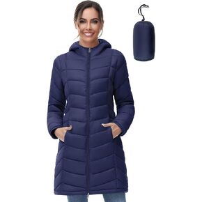SLOW DOWN Women Lightweight Down Puffer Coat, Women Hooded Mid-Length Packable Winter Jacket with 2 Packing Bag
