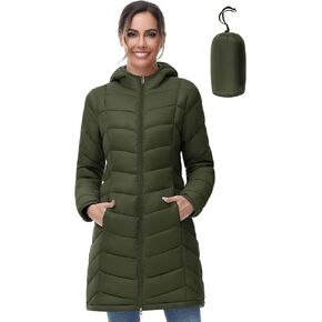 SLOW DOWN Women Lightweight Down Puffer Coat, Women Hooded Mid-Length Packable Winter Jacket with 2 Packing Bag
