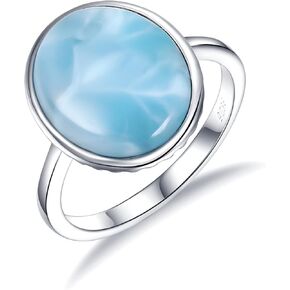 MDFUN Natural Larimar Ring for Women 925 Sterling Silver 12 * 15mm Oval-shaped Blue Gemstone Eternity Band Jewelry Gifts