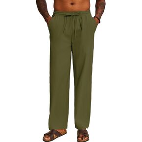 COOFANDY Men's Casual Cotton Pants Elastic Waist Drawstring Linen Beach Summer Pants Lightweight Yoga Trousers