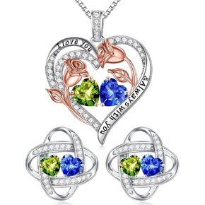 Iefil Double Birthstone Necklace and Double Birthstone Earrings Set
