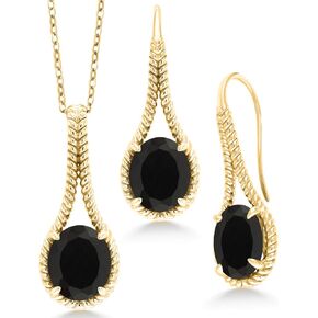 Gem Stone King 18K Yellow Gold Plated Silver Black Onyx Pendant and Earrings Jewelry Set For Women (12.00 Cttw, Gemstone Birthstone, With 18 Inch Chain)