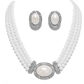 Christina Collection Elegant Layered Strands White Simulated-Pearl Crystal Silver Necklace Clip on Earrings Set Gift Bijoux (White)