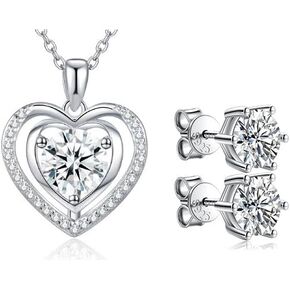 Diamond Heart Pendant Necklace (3.0 Carat) Moissanite Stud Earrings 4 CTW (2.0 Ct Each) Jewelry Gift Set