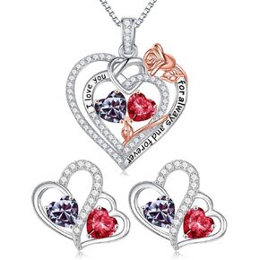Iefil Double Birthstone Necklace and Double Birthstone Heart Earrings Set