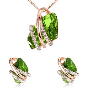Leafael Wish Stone Necklace and Stud Earrings Jewelry Set for Women, August Birthstone Peridot Green Crystal Jewelry, Silver Tone Gifts for Women