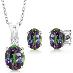 Gem Stone King 925 Sterling Silver Oval Green Mystic Topaz Pendant and Earrings Jewelry Set For Women (3.63 Cttw, Gemstone Birthstone, with 18 Inch Silver Chain)