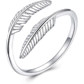 PRAYMOS Feather Rings for Women 925 Sterling Silver Ring Adjustable Open Ring for Women with Jewelry Box