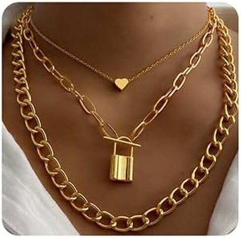 Xerling Boho Layered Necklaces for Women Gold Chunky Chain Choker Heart Lock Pendant Cuban Link Necklace in Saudi Arabia