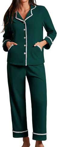 CHYRII Womens Pajamas Sets Fall Fashion Flannel Scalloped Button Up Long Sleeve PJ Sets Two Piece Lounge Sets Sleepwear in Kuwait