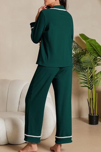 CHYRII Womens Pajamas Sets Fall Fashion Flannel Scalloped Button Up Long Sleeve PJ Sets Two Piece Lounge Sets Sleepwear in Kuwait