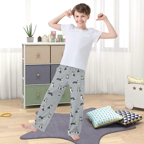 Boys Pajama Pants Cartoon Boston Terrier Paw Grey Elastic Waist Lounge Pajama Bottoms with 2 Pockets Soft Sleep Pjs XL in Saudi Arabia