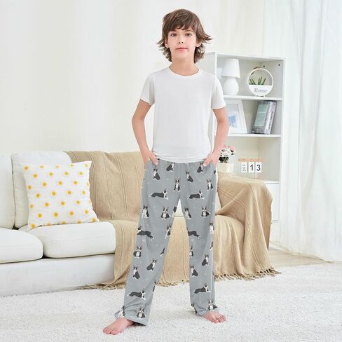 Boys Pajama Pants Cartoon Boston Terrier Paw Grey Elastic Waist Lounge Pajama Bottoms with 2 Pockets Soft Sleep Pjs XL in Saudi Arabia
