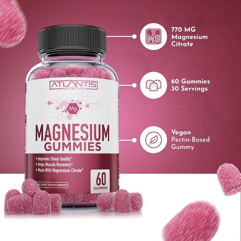 Magnesium Gummies w/ 770 MG Magnesium Citrate - Promote Calmness, Improve Sleep, Help Muscle Recover & Relieve Cramps - 60 Vegan Gummies - Magnesium Gummies for Adults/Kids - Magnesium Citrate Gummies in Kuwait