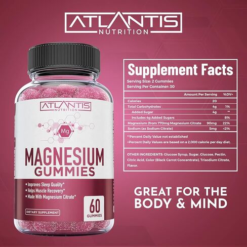Magnesium Gummies w/ 770 MG Magnesium Citrate - Promote Calmness, Improve Sleep, Help Muscle Recover & Relieve Cramps - 60 Vegan Gummies - Magnesium Gummies for Adults/Kids - Magnesium Citrate Gummies in Kuwait