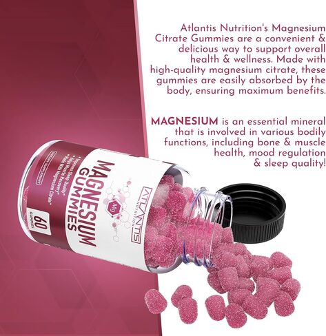 Magnesium Gummies w/ 770 MG Magnesium Citrate - Promote Calmness, Improve Sleep, Help Muscle Recover & Relieve Cramps - 60 Vegan Gummies - Magnesium Gummies for Adults/Kids - Magnesium Citrate Gummies in Kuwait