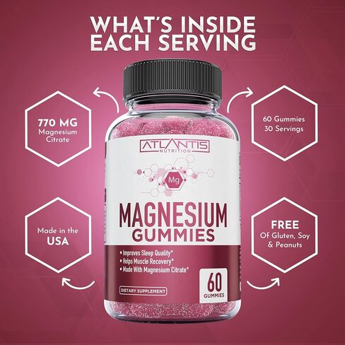 Magnesium Gummies w/ 770 MG Magnesium Citrate - Promote Calmness, Improve Sleep, Help Muscle Recover & Relieve Cramps - 60 Vegan Gummies - Magnesium Gummies for Adults/Kids - Magnesium Citrate Gummies in Kuwait