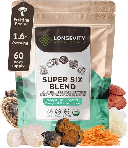 Longevity Botanicals 6 Mushroom Supplement Blend - Organic Mushroom Complex Powder - Lions Mane, Reishi, Turkey Tail, Cordyceps, Tremella and Chaga - 100% Fruiting Body - 3.5 oz in Kuwait
