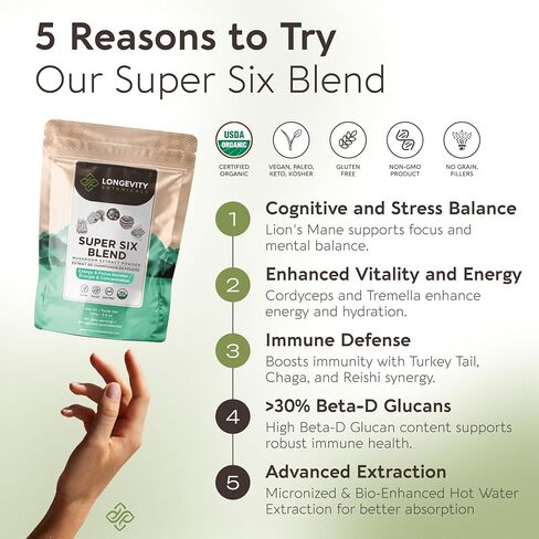 Longevity Botanicals 6 Mushroom Supplement Blend - Organic Mushroom Complex Powder - Lions Mane, Reishi, Turkey Tail, Cordyceps, Tremella and Chaga - 100% Fruiting Body - 3.5 oz in Kuwait