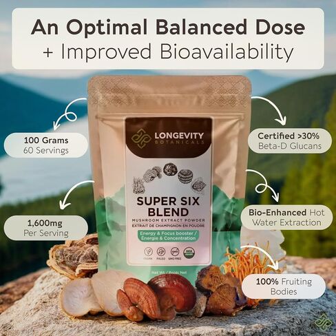 Longevity Botanicals 6 Mushroom Supplement Blend - Organic Mushroom Complex Powder - Lions Mane, Reishi, Turkey Tail, Cordyceps, Tremella and Chaga - 100% Fruiting Body - 3.5 oz in Kuwait