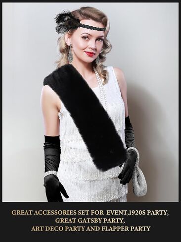 8 قطع من إكسسوارات أزياء فلابر جاتسبي من العشرينيات للنساء شال من الفرو الصناعي ومجموعة مجوهرات العشرينات لحفلة العشرينات (أسود) in Kuwait