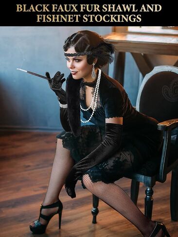 8 قطع من إكسسوارات أزياء فلابر جاتسبي من العشرينيات للنساء شال من الفرو الصناعي ومجموعة مجوهرات العشرينات لحفلة العشرينات (أسود) in Kuwait