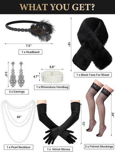 8 قطع من إكسسوارات أزياء فلابر جاتسبي من العشرينيات للنساء شال من الفرو الصناعي ومجموعة مجوهرات العشرينات لحفلة العشرينات (أسود) in Kuwait