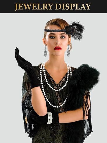 8 قطع من إكسسوارات أزياء فلابر جاتسبي من العشرينيات للنساء شال من الفرو الصناعي ومجموعة مجوهرات العشرينات لحفلة العشرينات (أسود) in Kuwait
