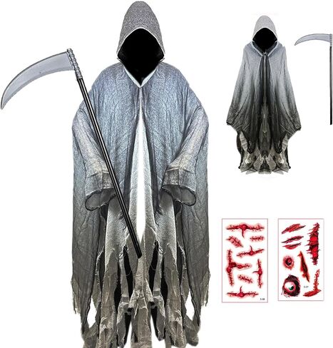 Halloween Loose Hooded Mesh Cloak with Sickle Vampire Wizard Cape Grim Devil Reaper Robe Adult Teens Role Play Costume in Saudi Arabia