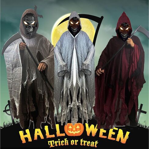 Halloween Loose Hooded Mesh Cloak with Sickle Vampire Wizard Cape Grim Devil Reaper Robe Adult Teens Role Play Costume in Saudi Arabia