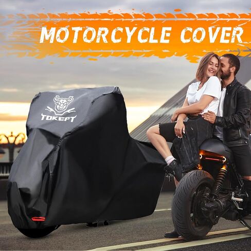 Motorcycle Cover Waterproof Outdoor Storage Bag, Made of Heavy Duty Material with Locking Holes and Reflective Strip, Fits 96 inch Harley Davidson and All Motors (Black&Camouflage XL) in Kuwait