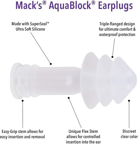 سدادات أذن السباحة AquaBlock من Mack - سدادات أذن سيليكون مريحة ومقاومة للماء وقابلة لإعادة الاستخدام للسباحة والغطس والاستحمام وركوب الأمواج والاستحمام (شفاف) in Saudi Arabia