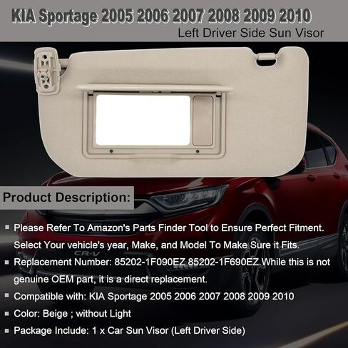 NHILES Driver Left Side Sun Visor Replacement Fits for KIA Sportage 2005-2010 Sunshade Without Light 85202-1F090EZ Color Beige in Kuwait