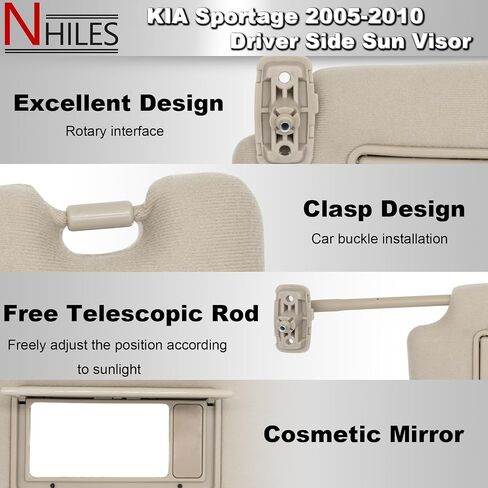 NHILES Driver Left Side Sun Visor Replacement Fits for KIA Sportage 2005-2010 Sunshade Without Light 85202-1F090EZ Color Beige in Kuwait