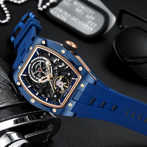 MF MINI FOCUS Unique Men Watches,Automatic Mechanical Watch,Luxury Hollow Tonneau Watches for Men with Stainless Steel Case and Silicon Band (Self-Wind Movement/5ATM Waterproof/Super_Luminous) in Kuwait