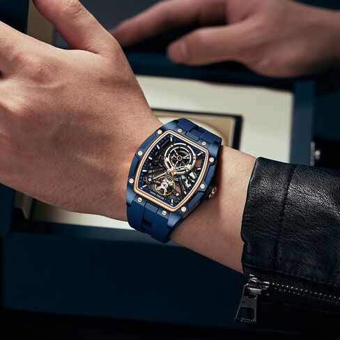 MF MINI FOCUS Unique Men Watches,Automatic Mechanical Watch,Luxury Hollow Tonneau Watches for Men with Stainless Steel Case and Silicon Band (Self-Wind Movement/5ATM Waterproof/Super_Luminous) in Kuwait