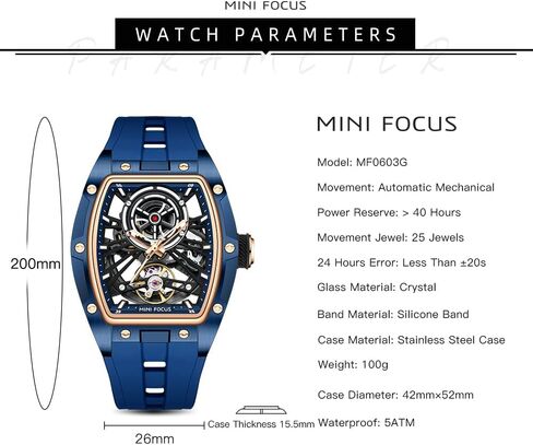 MF MINI FOCUS Unique Men Watches,Automatic Mechanical Watch,Luxury Hollow Tonneau Watches for Men with Stainless Steel Case and Silicon Band (Self-Wind Movement/5ATM Waterproof/Super_Luminous) in Kuwait
