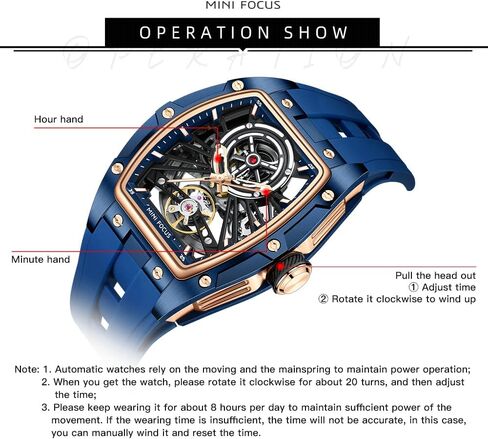 MF MINI FOCUS Unique Men Watches,Automatic Mechanical Watch,Luxury Hollow Tonneau Watches for Men with Stainless Steel Case and Silicon Band (Self-Wind Movement/5ATM Waterproof/Super_Luminous) in Kuwait