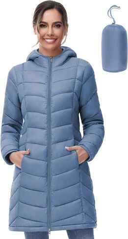 SLOW DOWN Women Lightweight Down Puffer Coat, Women Hooded Mid-Length Packable Winter Jacket with 2 Packing Bag in Saudi Arabia