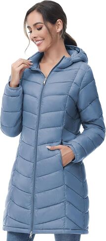 SLOW DOWN Women Lightweight Down Puffer Coat, Women Hooded Mid-Length Packable Winter Jacket with 2 Packing Bag in Saudi Arabia