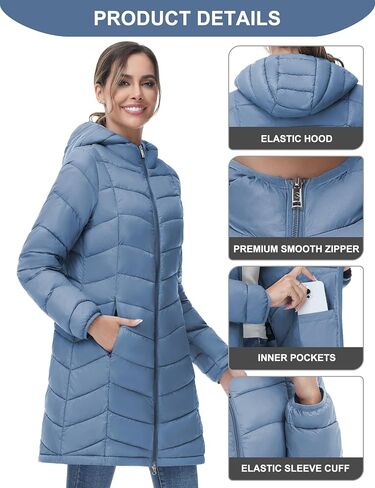SLOW DOWN Women Lightweight Down Puffer Coat, Women Hooded Mid-Length Packable Winter Jacket with 2 Packing Bag in Saudi Arabia