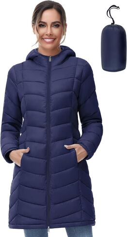 SLOW DOWN Women Lightweight Down Puffer Coat, Women Hooded Mid-Length Packable Winter Jacket with 2 Packing Bag in Saudi Arabia