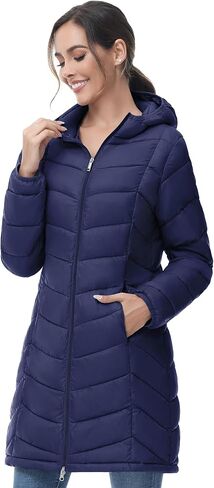 SLOW DOWN Women Lightweight Down Puffer Coat, Women Hooded Mid-Length Packable Winter Jacket with 2 Packing Bag in Saudi Arabia